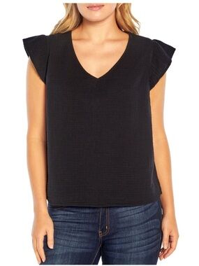 3 Dots Black V-Neck Flutter Sleeve Crinkle Gauze Top